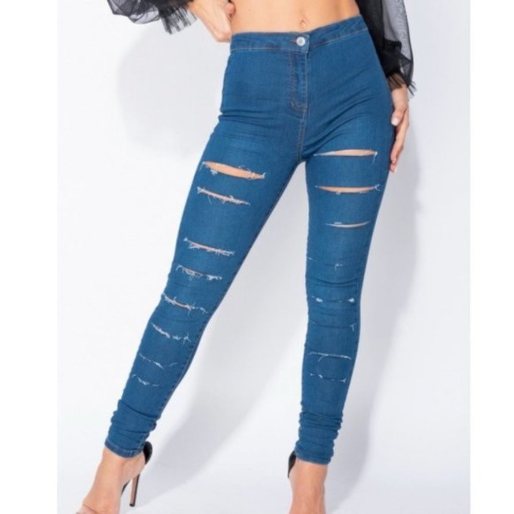 Blue High Waist Ripped Distressed Skinny Denim Jeggings Pants - Picture 12 of 13